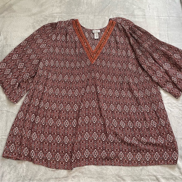 Catherines Blouse 5X 34/36W Crinkle Gauze V-neck Beaded Multi 3/4 Sleeve - Picture 1 of 6